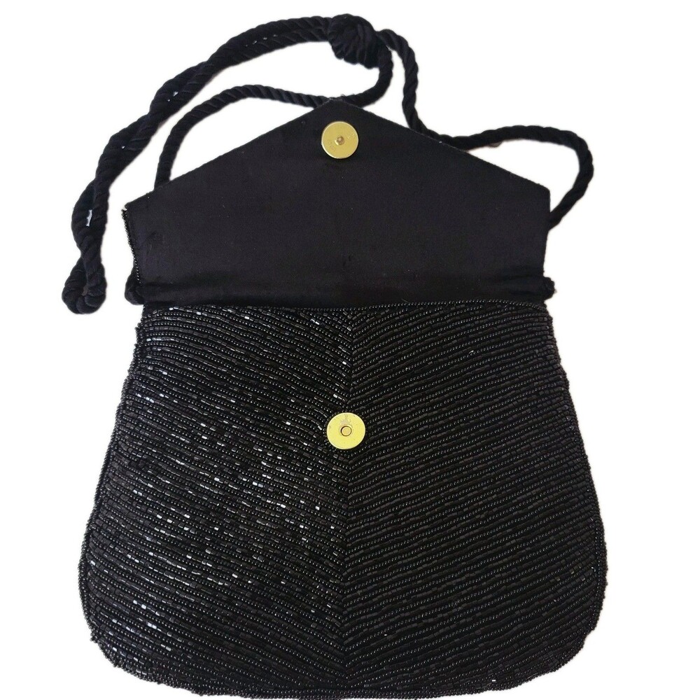 Vintage Black Beaded Evening Bag Rope Strap Art Deco Style - Picture 5 of 8